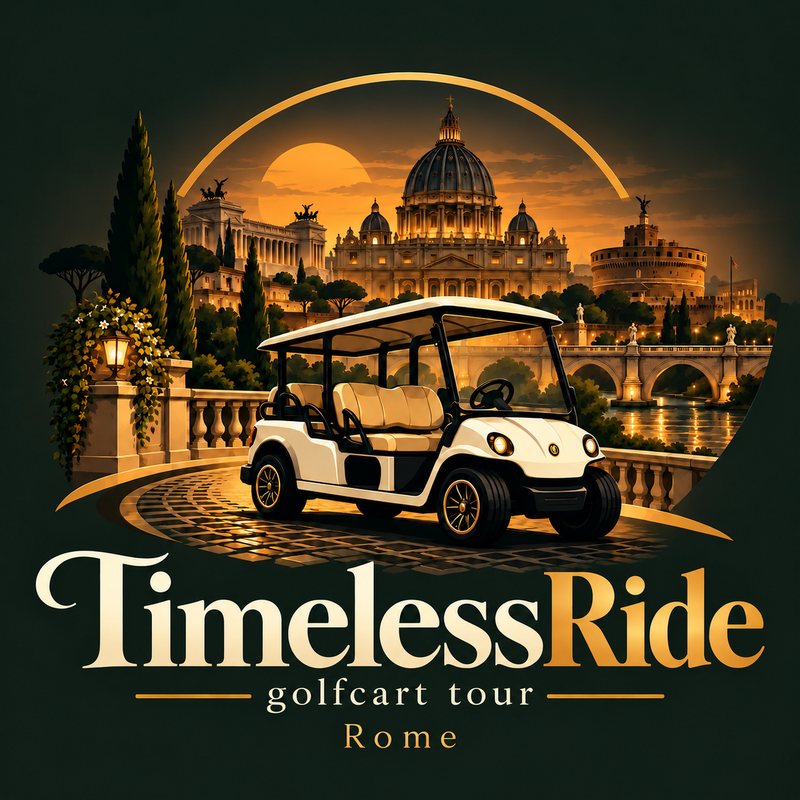 Timeless Ride, golf cart tour in Rome: a white golf cart on a cobbled terrace above the Tiber at sunset, with St. Peter's Basilica and Castel Sant'Angelo behind